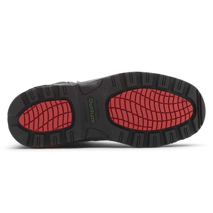Dunham 8000 Works 8-Inch Ubal Boot outsole with black rubber and red traction zones, bottom view.