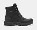 Dunham 8000Works 6-Inch Plain Toe work boots in black with waterproof leather upper, padded collar, and rugged outsole, side view.