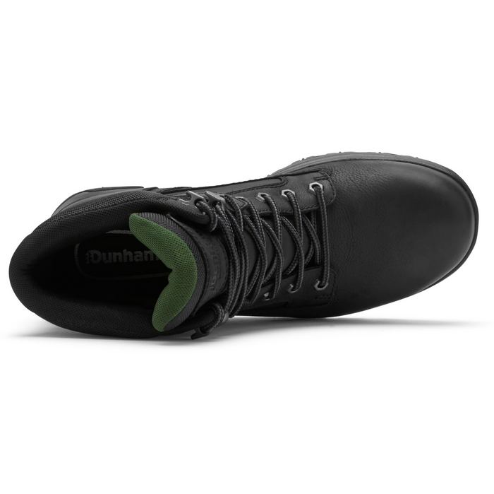 Dunham 8000Works 6-Inch Plain Toe boots in black leather with green padded tongue and lace-up design, top view.