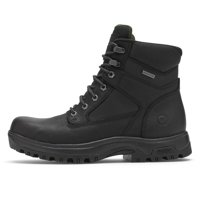 Dunham 8000Works 6-Inch Plain Toe boots in black leather, waterproof construction and durable outsole, side view.