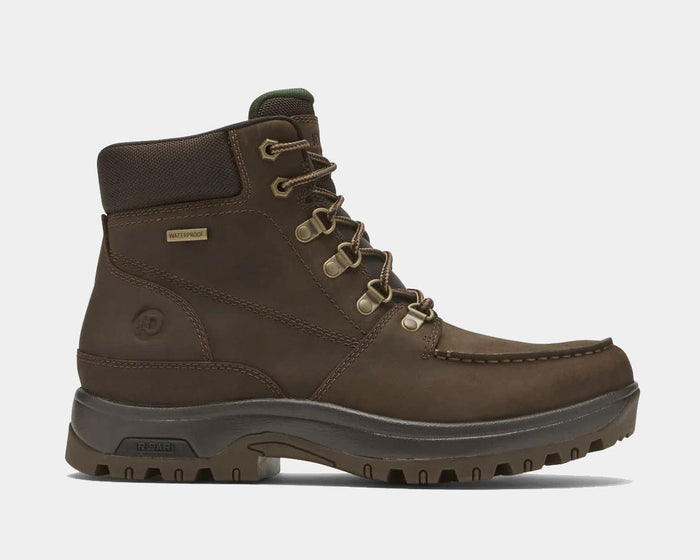 Dunham 8000Works Moc Boot in brown waterproof leather with moc-toe stitching and rugged outsole, side view.