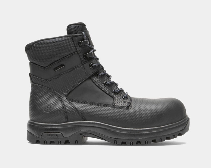 Dunham 8000Works Safety Plain Toe Boot – Waterproof, black leather work boot with textured upper and sturdy outsole, side view.