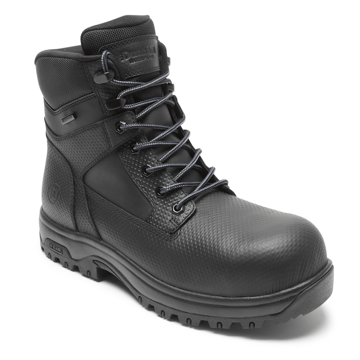 Dunham 8000Works Safety Plain Toe Boot – Waterproof in black, durable textured upper with lace-up design and rugged outsole, side angle view.