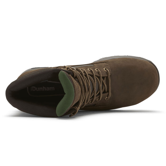 Dunham 8000WORKS Safety Plain Toe work boots in brown leather with green padded collar, top view displaying lace-up system.