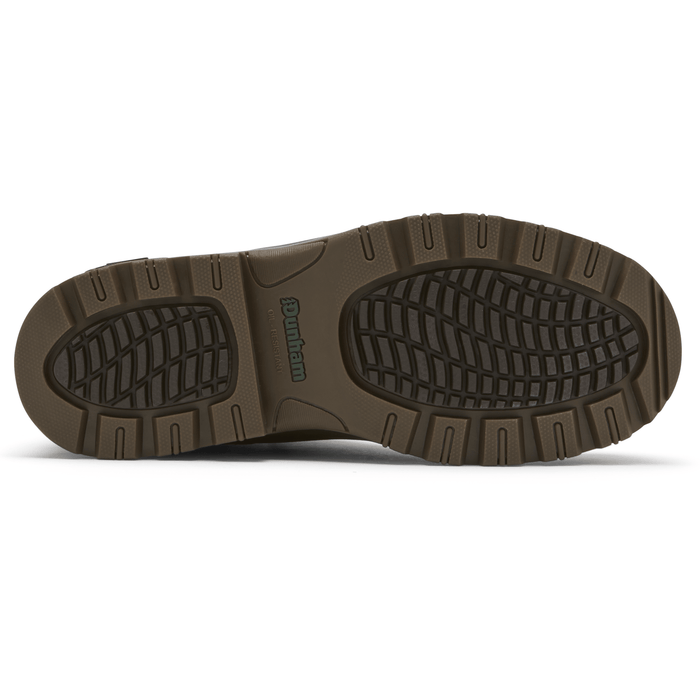 Dunham 8000WORKS Safety Plain Toe outsole in brown with slip-resistant tread and oil-resistant rubber, sole/bottom view.