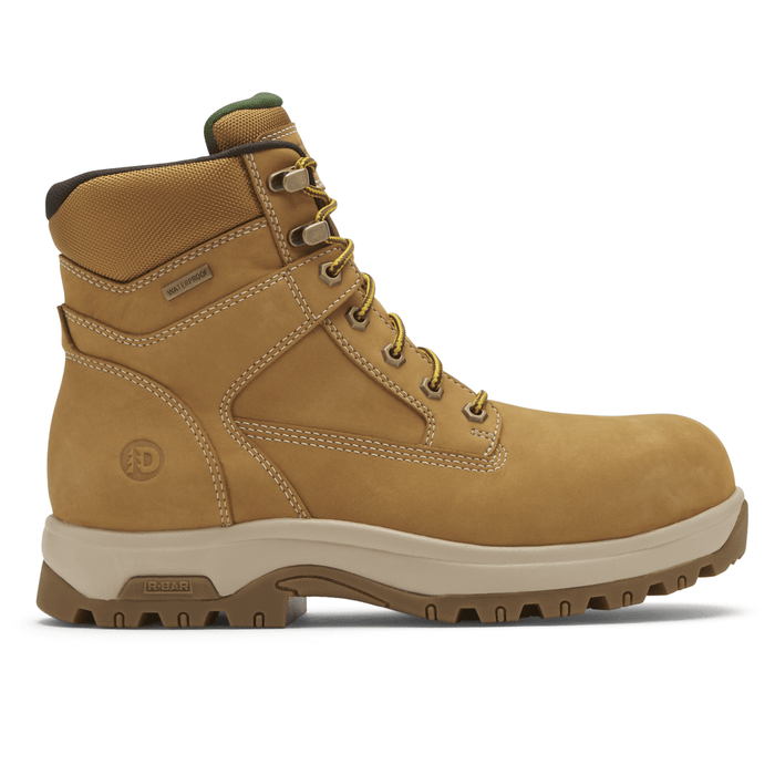 Dunham 8000WORKS Safety Plain Toe work boots in tan leather with waterproof construction, durable outsole, and padded collar, side view.