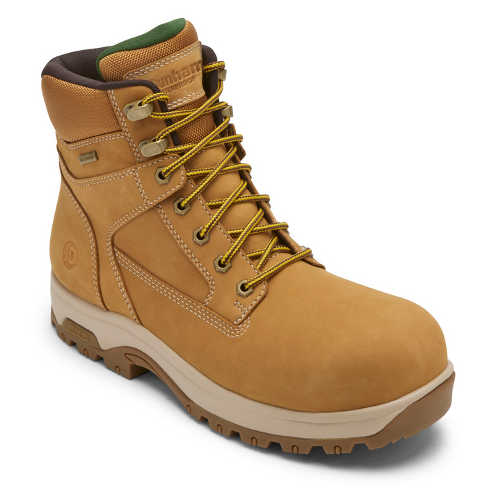 Dunham 8000WORKS Safety Plain Toe work boots in tan leather with waterproof construction, yellow laces, and reinforced outsole, side angle view.