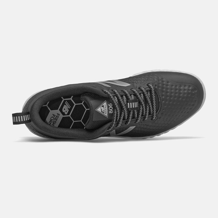 New Balance 806v1 tennis shoes in black with perforated upper, hexagonal Fresh Foam insole, and patterned laces, top view.