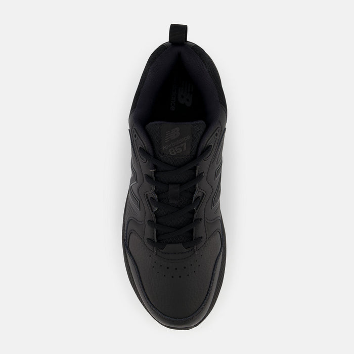 New Balance 857v3 Slip Resistant shoes in black with leather upper and lace-up design, top view.
