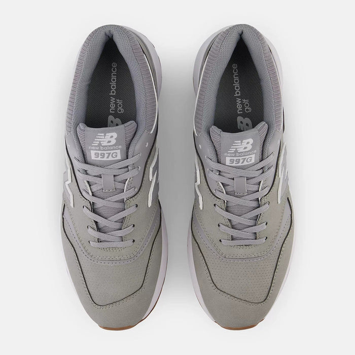 New Balance Golf 997 Golf shoes in gray with perforated uppers, white logo detailing, and cushioned collars, top view.