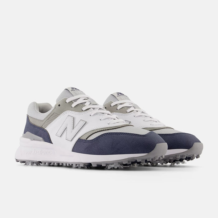 New Balance Golf 997 Golf shoes in white, gray, and navy with mesh upper and spiked outsole for traction, front side view.