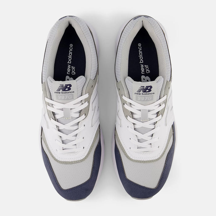 New Balance Golf 997 Golf shoes in white, gray, and navy with mesh upper and lace-up closure, top view.