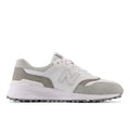 New Balance Golf 997 SL Golf shoes in white and gray with leather upper and spikeless outsole, side view.