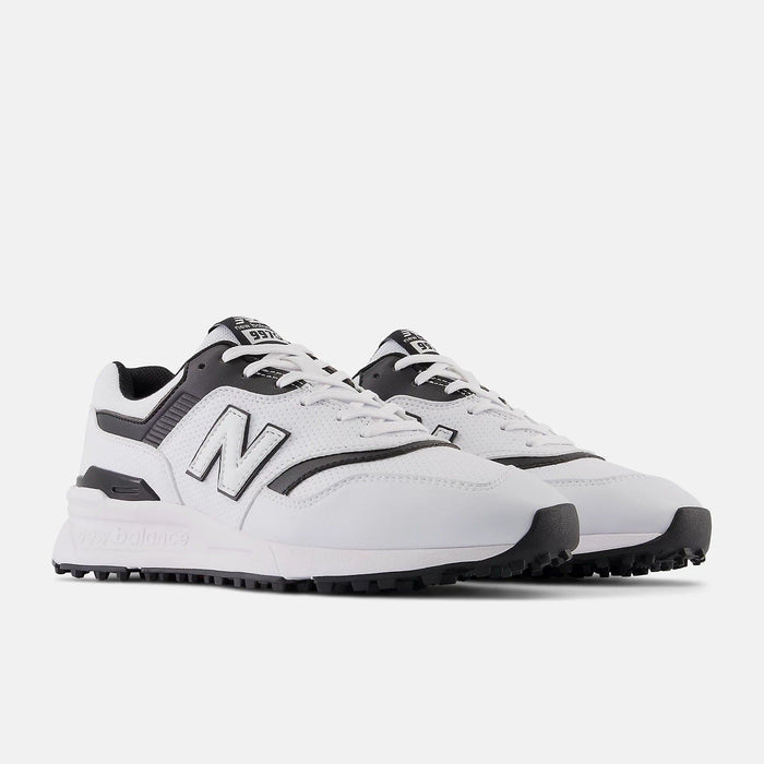 New Balance Golf 997 SL Golf shoes in white and black with breathable mesh upper and spiked outsole, front angled view.