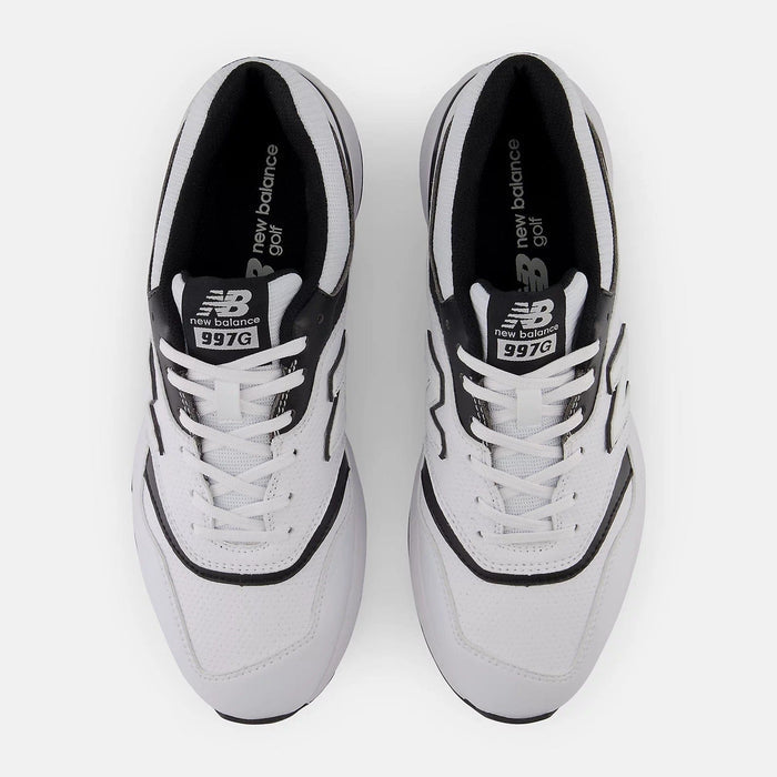 New Balance Golf 997 SL Golf shoes in white with black accents, perforated upper and lace-up design, top view.