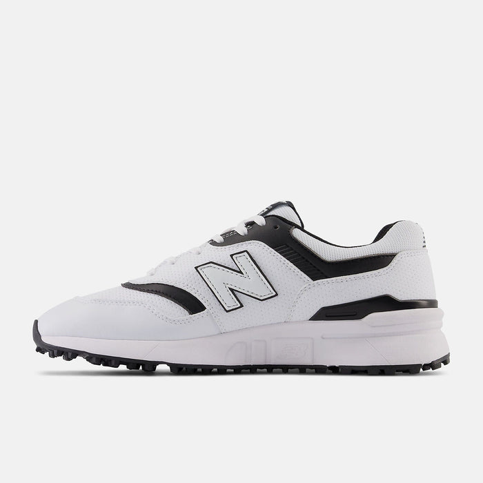New Balance Golf 997 SL Golf shoes in white and black with perforated upper and spikeless outsole, side view.