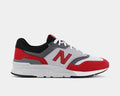 New Balance 997H sneakers in red, gray, white, and black with suede and mesh upper, side profile view.