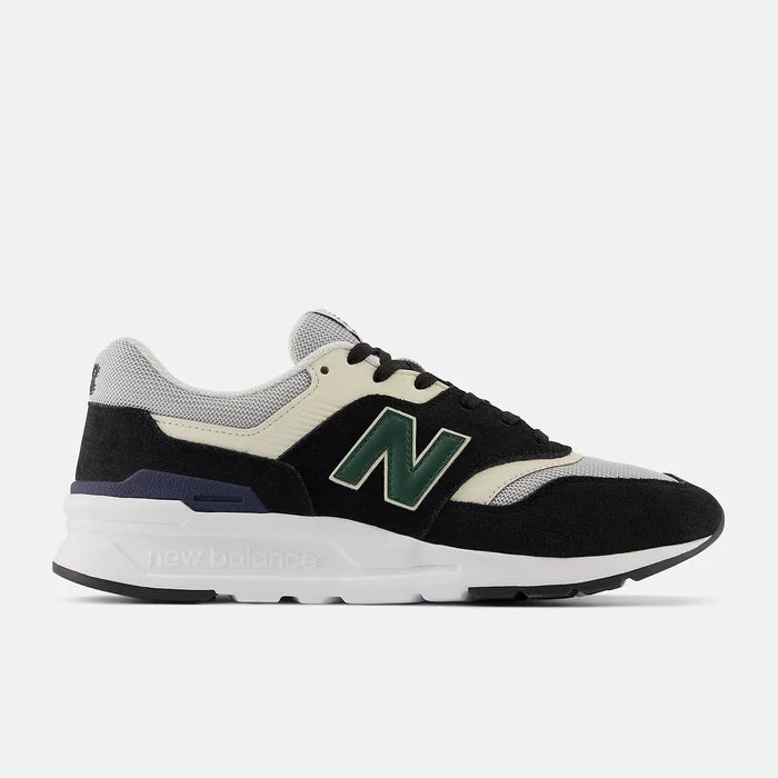 New Balance 997H sneakers in black, cream, and green with suede overlays, mesh upper, and white midsole, side view.