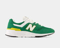 New Balance 997H sneakers in green, white, and yellow with suede and mesh upper, side view.