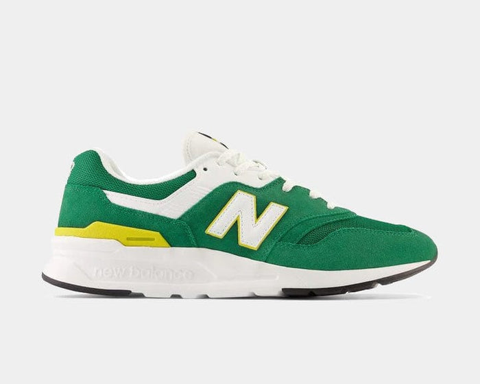 New Balance 997H sneakers in green, white, and yellow with suede and mesh upper, side view.