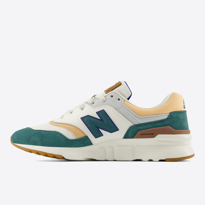 New Balance 997H sneakers in white, teal, beige, and brown with suede overlays, mesh upper, and padded collar, side view.
