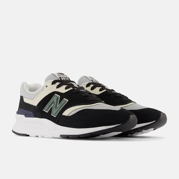 New Balance 997H sneakers in black, white, and gray with suede accents and mesh details, front angled view.