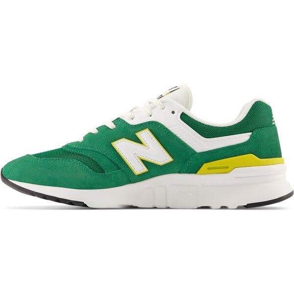 New Balance 997H sneakers in green with white mesh and suede upper, yellow accents, and rubber sole, side view.