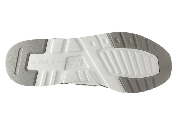 New Balance 997H sneakers outsole in white and gray showing textured tread pattern and logo detailing.