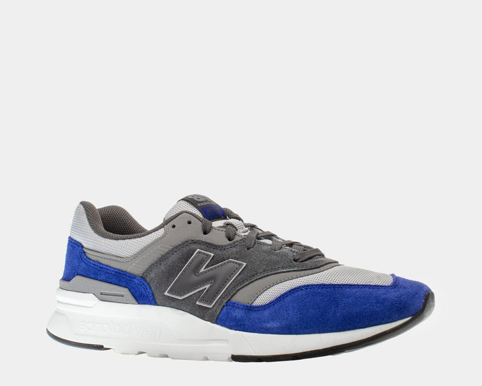 New Balance 997H sneakers in gray, blue, and white with suede overlays and mesh panels, side view.