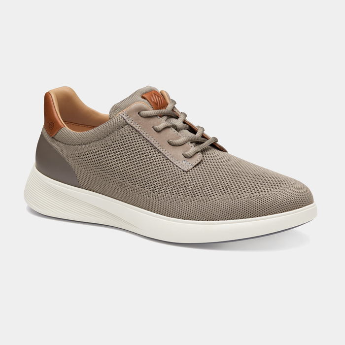 Johnston & Murphy Ackerson Knit Plain Toe shoes in taupe with breathable knit upper, brown accents, and white rubber sole, side angle view.