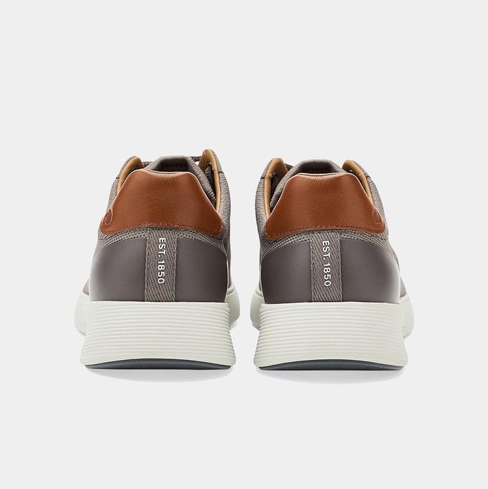 Johnston & Murphy Ackerson Knit Plain Toe shoes back view showing brown leather accents, gray knit panels, and white textured soles.