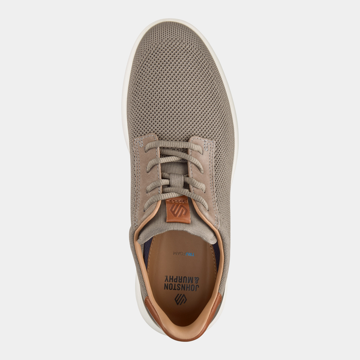 Johnston & Murphy Ackerson Knit Plain Toe shoes top view showing taupe knit upper, tan leather accents, and lace-up design.