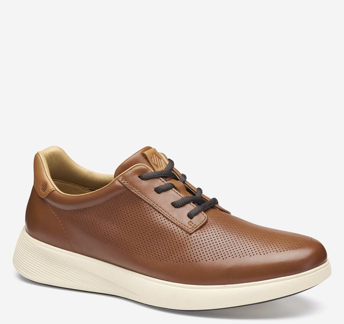 Johnston & Murphy Ackerson Perfed Plain Toe shoes in tan leather with perforated details and contrasting white sole, side angle view