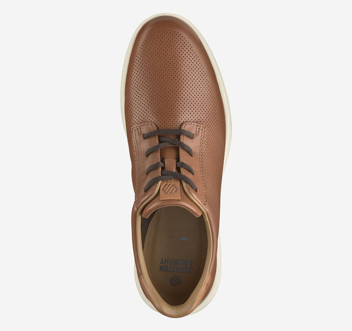 Johnston & Murphy Ackerson Perfed Plain Toe shoes top view in tan leather with perforated detailing and contrasting white sole.