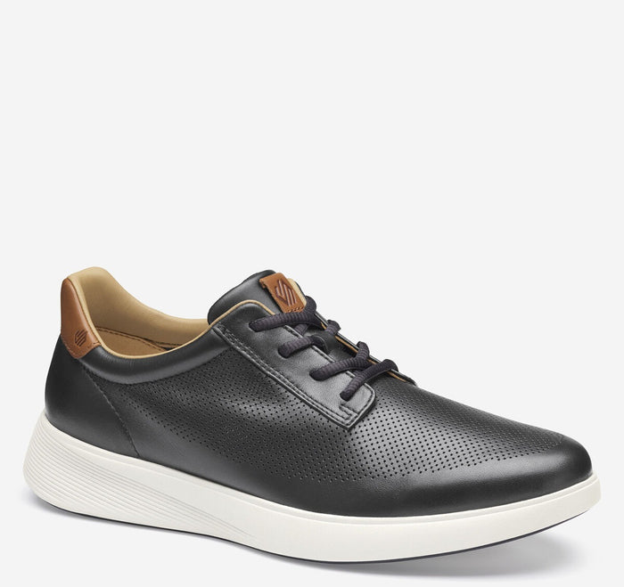 Johnston & Murphy Ackerson Perfed Plain Toe shoes in black leather with perforated design, brown accents, and white sole, side view.