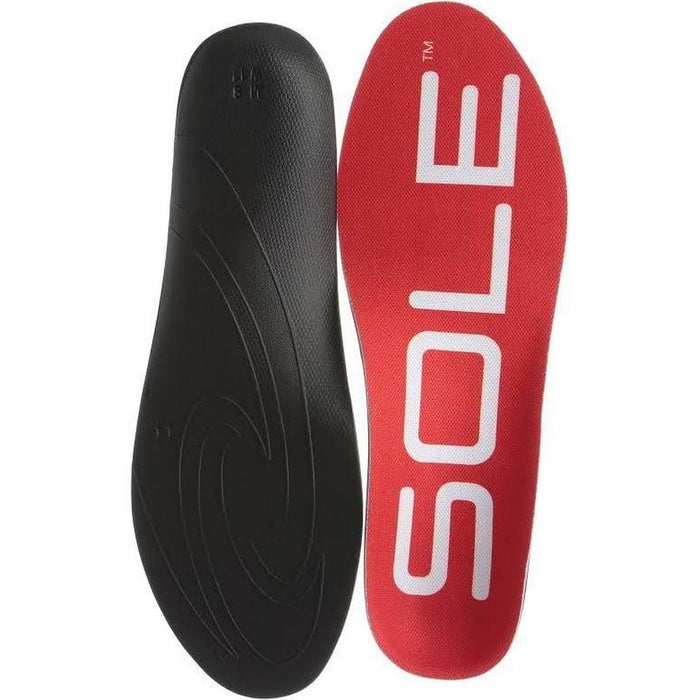 Sole Active Medium insoles with red top layer and black textured base, top view showing ergonomic arch support design.