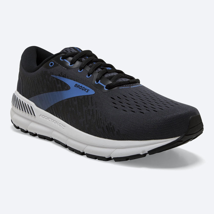 Brooks Addiction GTS 15 running shoes in black and blue with engineered mesh upper and GuideRails support system, front-angle view.