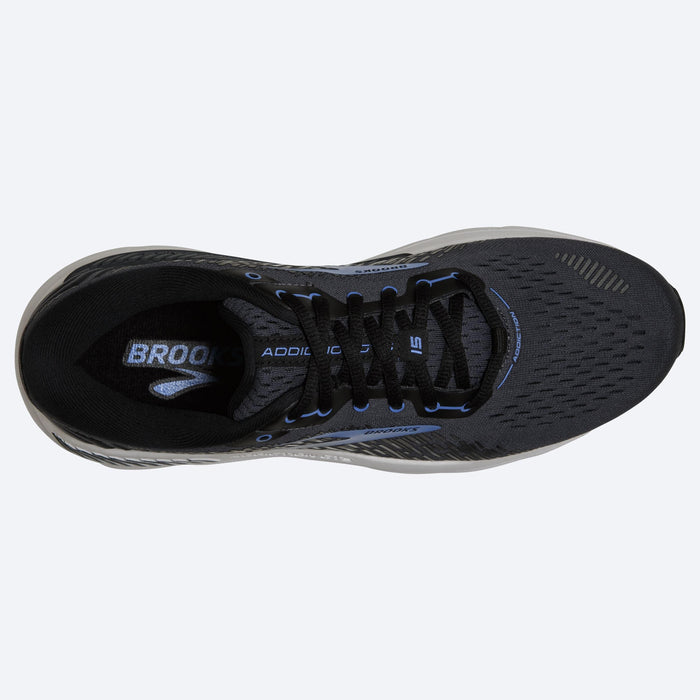 Brooks Addiction GTS 15 running shoes top view showing black mesh upper, lace system, and supportive insole detailing.