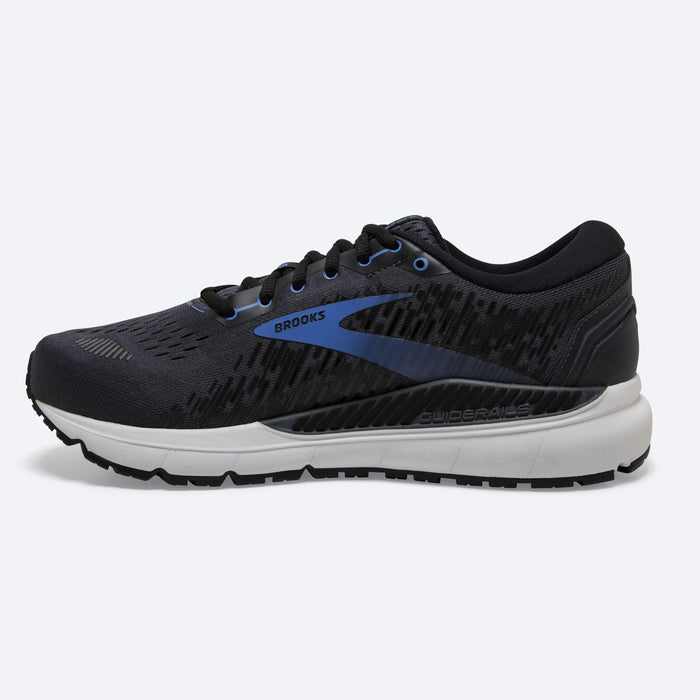 Brooks Addiction GTS 15 running shoes in black with blue accents, GuideRails support system, side profile.