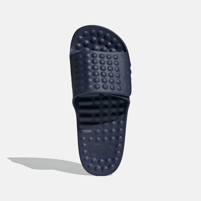 Adidas Adissage 360REC Slides in navy blue with textured massage footbed and synthetic strap, top view.