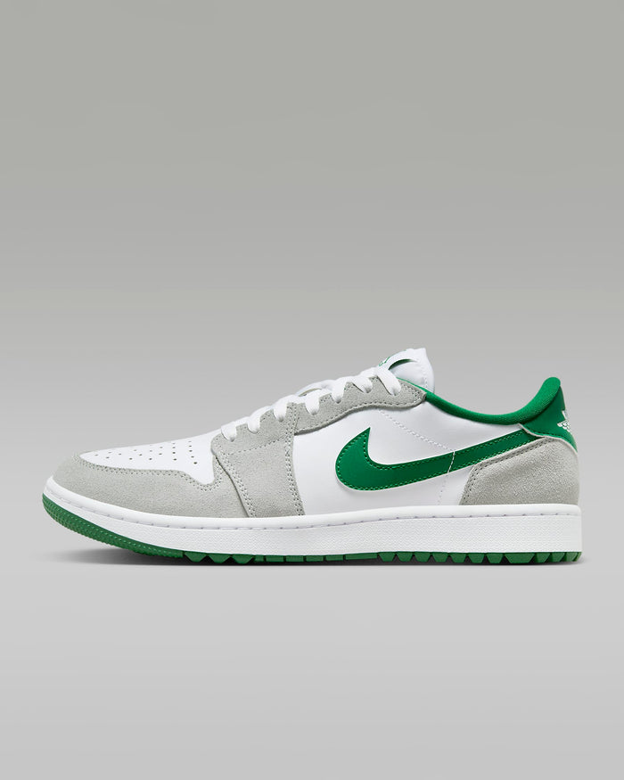 Nike Air Jordan 1 Low G sneakers in white, gray suede, and green leather with perforated toe box, side view.