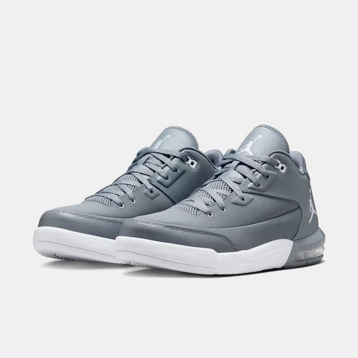 Nike Air Jordan Flight Origin 3 sneakers in gray with smooth leather upper, white midsole, and visible Air cushioning, angled front view.