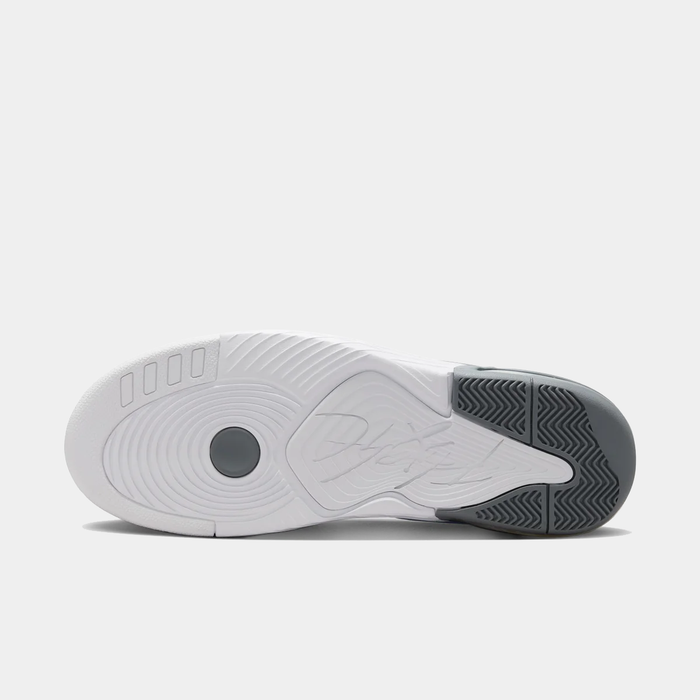 Nike Air Jordan Flight Origin 3 basketball shoes outsole with multidirectional traction pattern in white and gray rubber, bottom view.