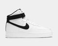 Nike Air Force 1 07 High sneakers in white leather with black swoosh and adjustable ankle strap, side view.