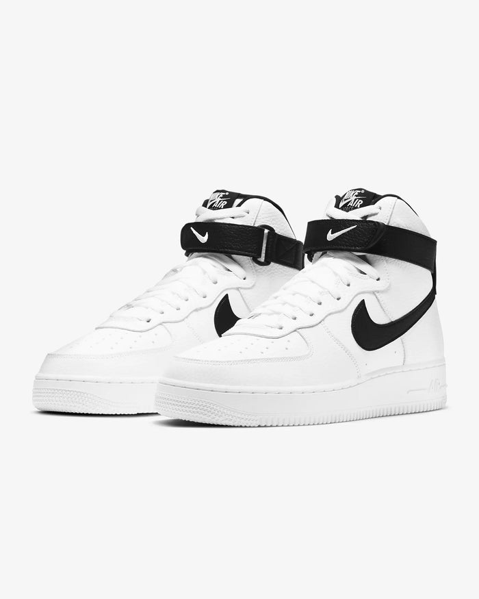 Nike Air Force 1 07 High sneakers in white leather with black Swoosh logo, adjustable ankle strap, and perforated toe box, front angle view.