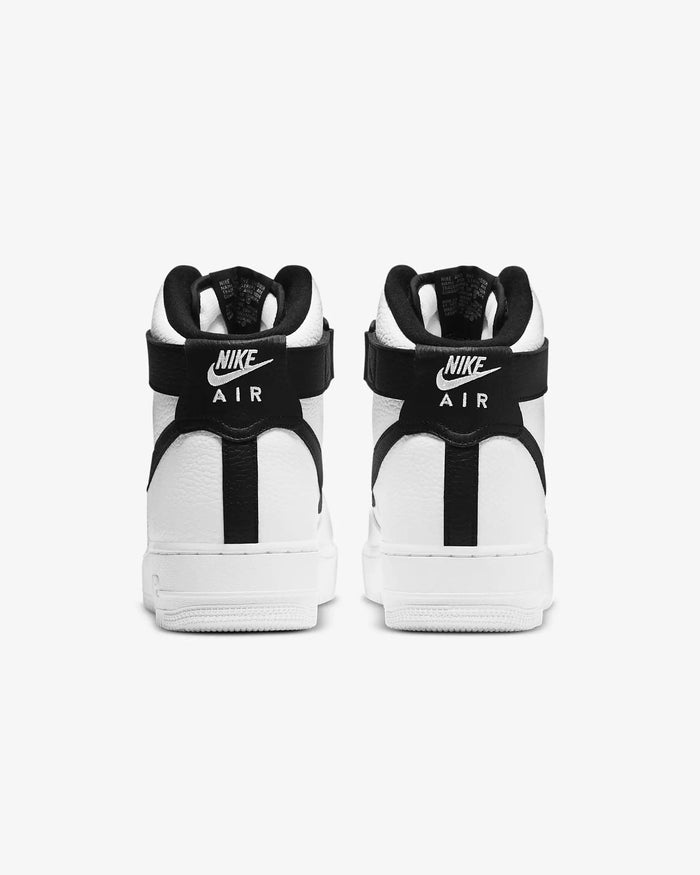 Nike Air Force 1 07 High sneakers in white and black leather with signature heel branding, back view showing ankle strap and logo details.