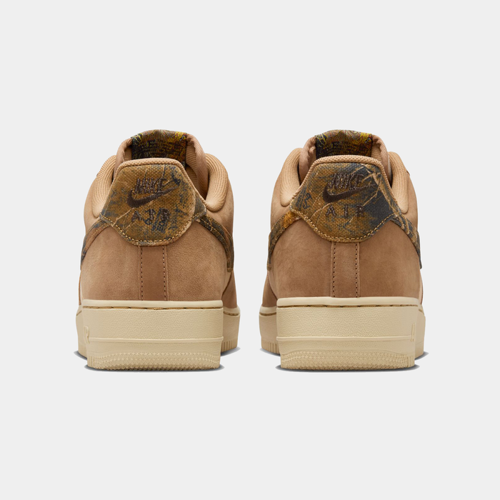 Nike Air Force 1 '07 RealTree sneakers back view, featuring tan suede uppers, RealTree camo accents, and rubber outsole in beige.
