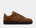 Nike Air Force 1 '07 sneakers in brown suede with perforated toe box, tonal Swoosh logo, and dark brown outsole, side view.