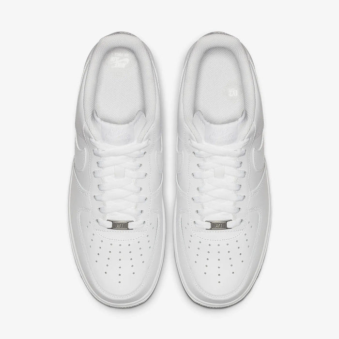Nike Air Force 1 '07 sneakers in white leather with perforated toe box and lace design, top view.