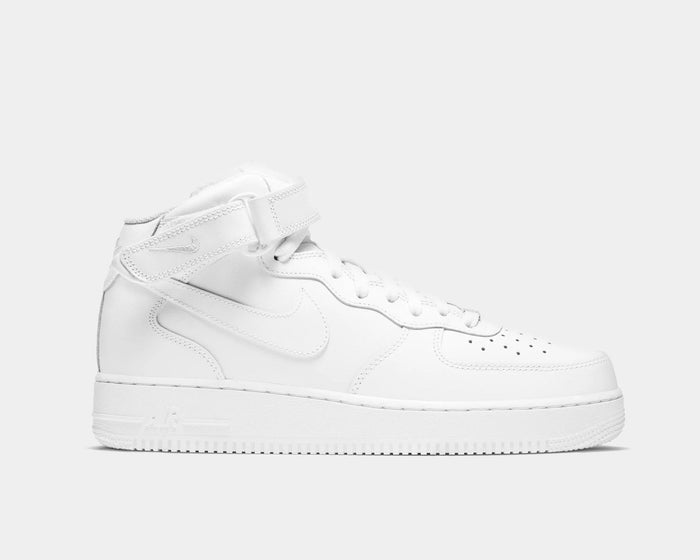 Nike Air Force 1 Mid '07 sneakers in all-white leather with ankle strap, perforated toe box, and embossed midsole logo, side view.